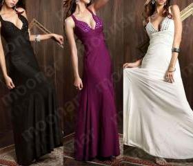 FREE SHIPPING ladies prom deep v bead cross back evening formal gown A - line long cocktail party dress